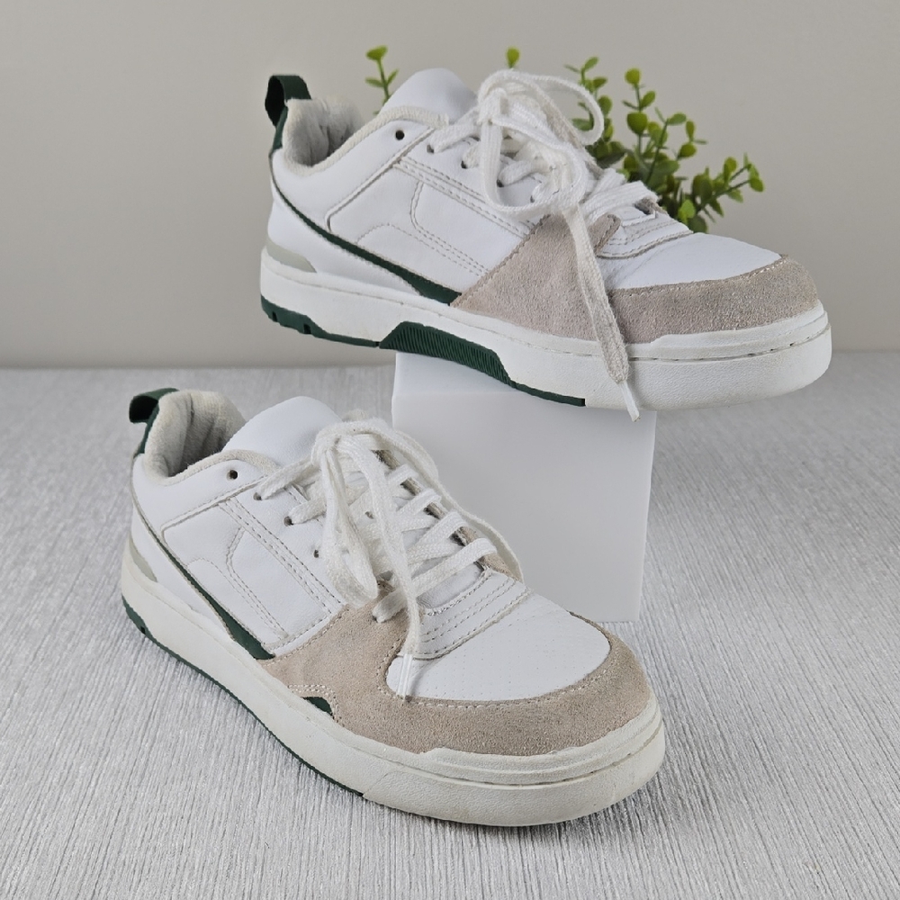 White and‎ Tan Sneakers with Green Accents